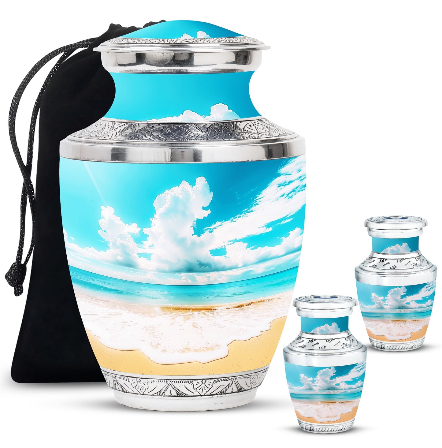 Beach Theme Large Urn With 2 Keepsake Urn