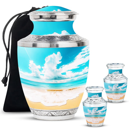 Beach Theme Large Urn With 2 Keepsake Urn