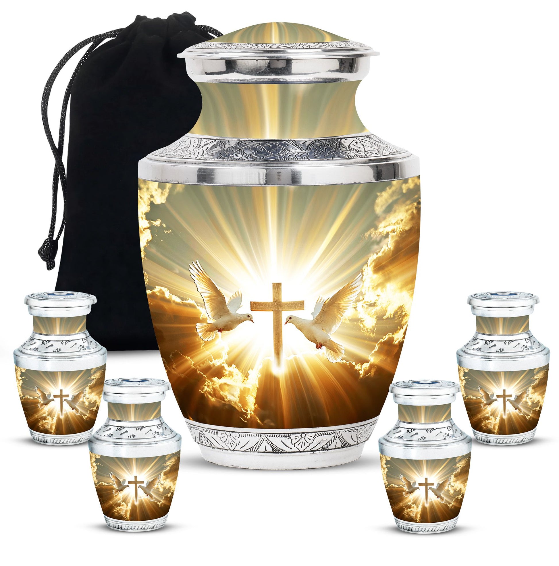 Dove Theme Large Urn With 4 Keepsake Urn