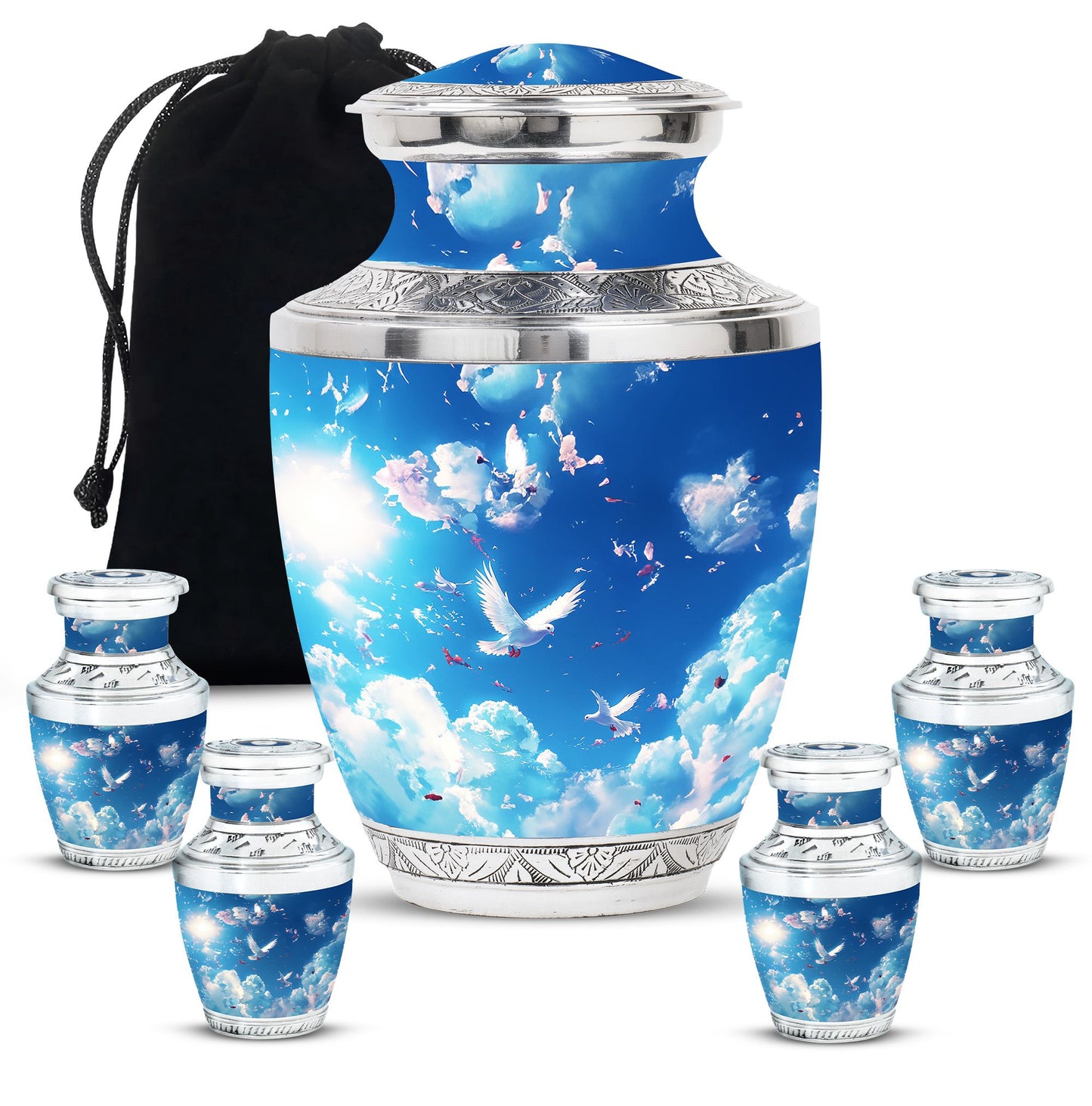 Dove Theme Large Urn With 4 Keepsake Urn