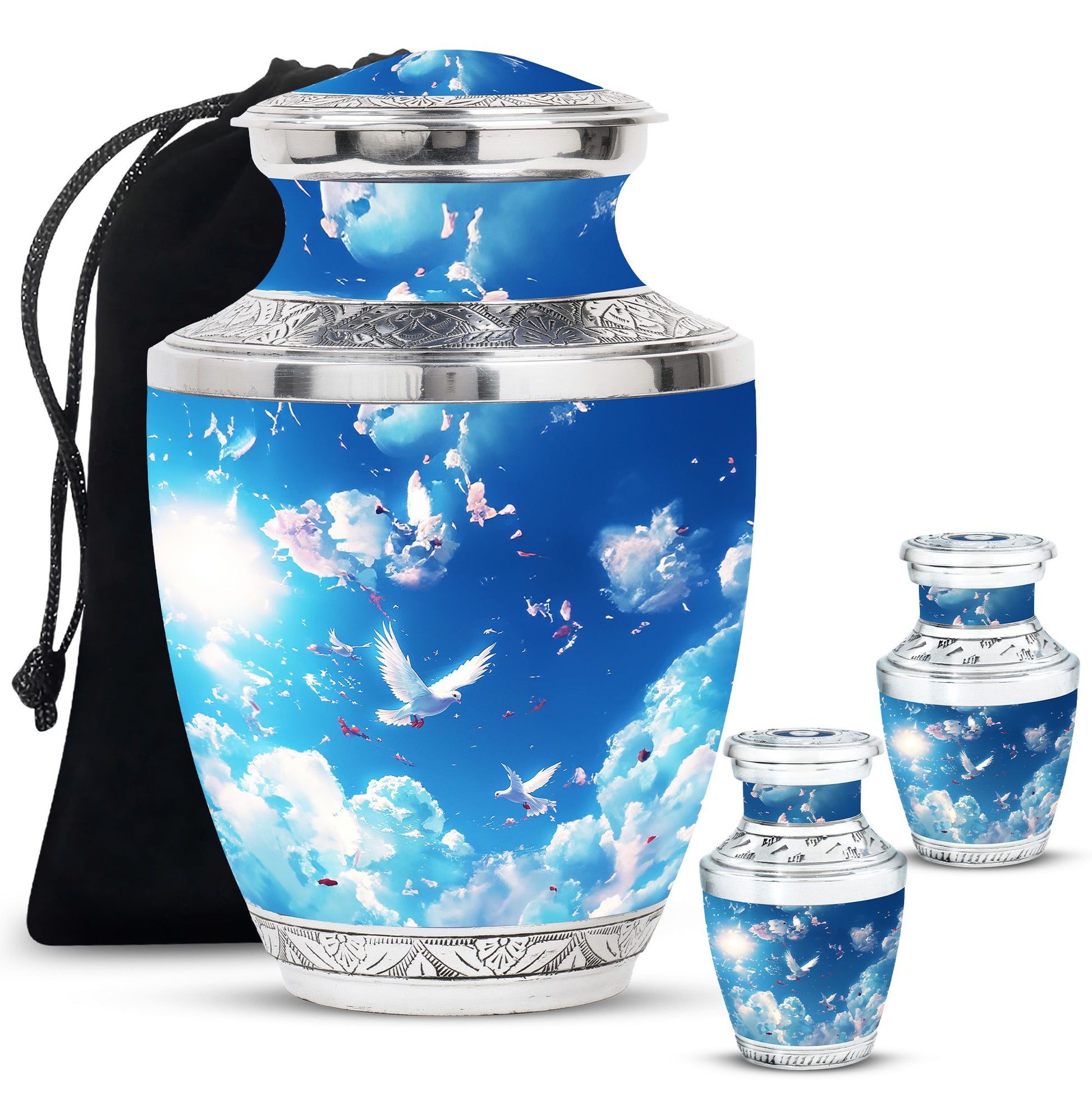 Dove Theme Large Urn With 2 Keepsake Urn