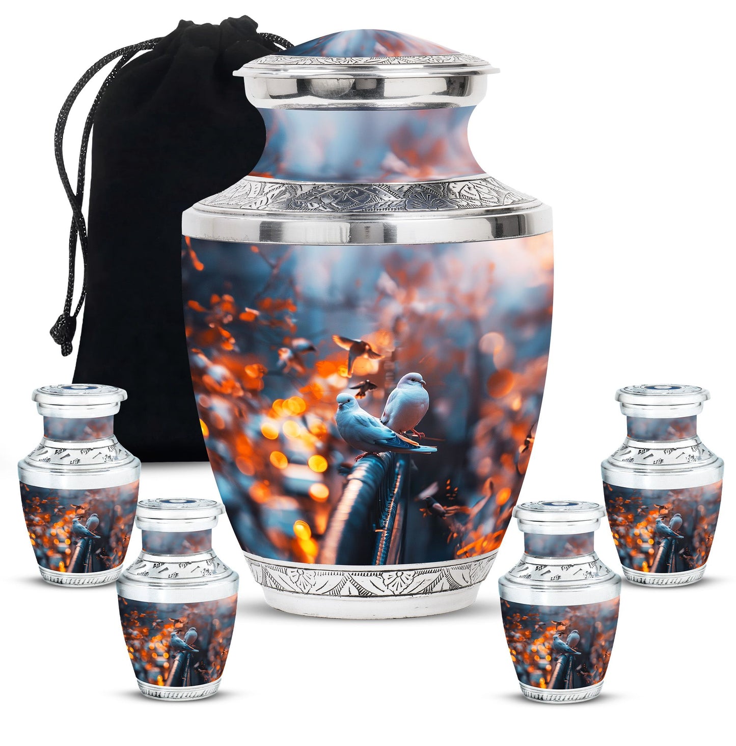 Dove Theme Large Urn With 4 Keepsake Urn