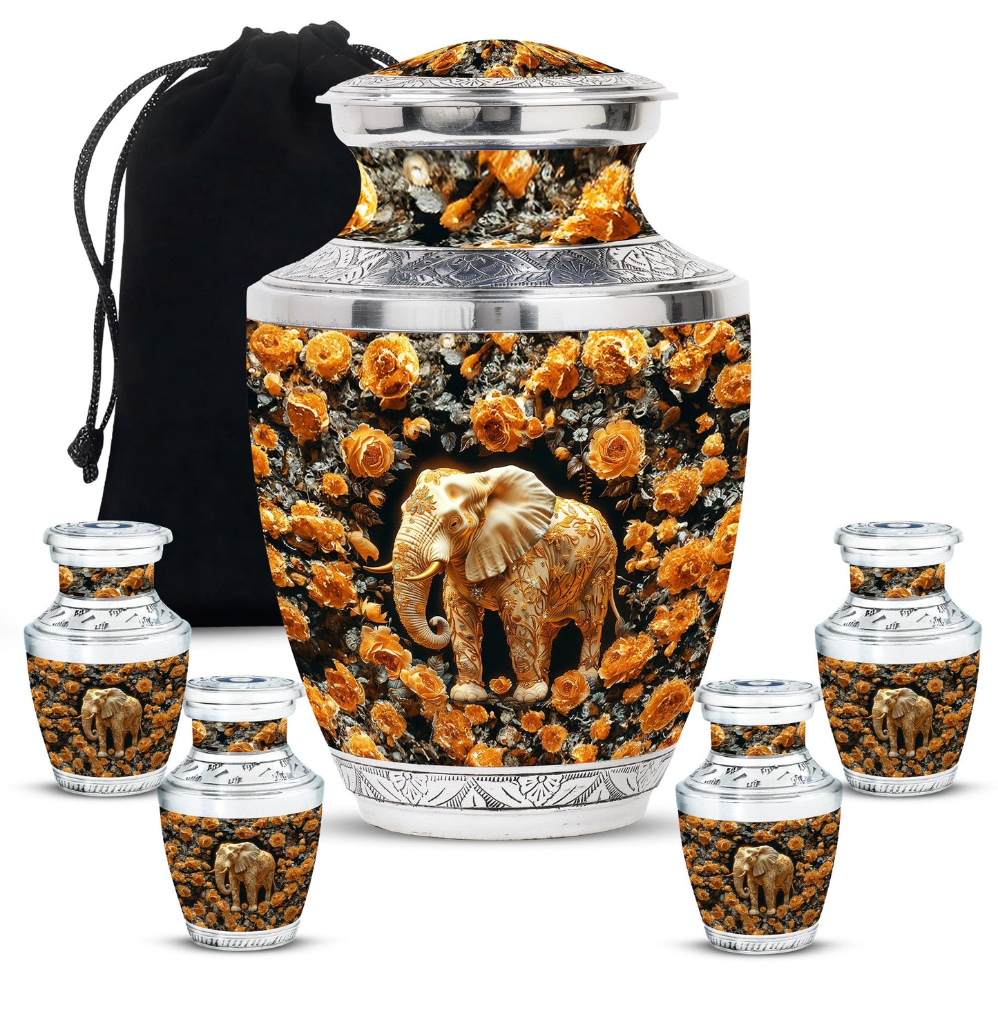 Elephant Theme Large Urn With 4 Keepsake Urn