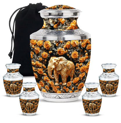 Elephant Theme Large Urn With 4 Keepsake Urn