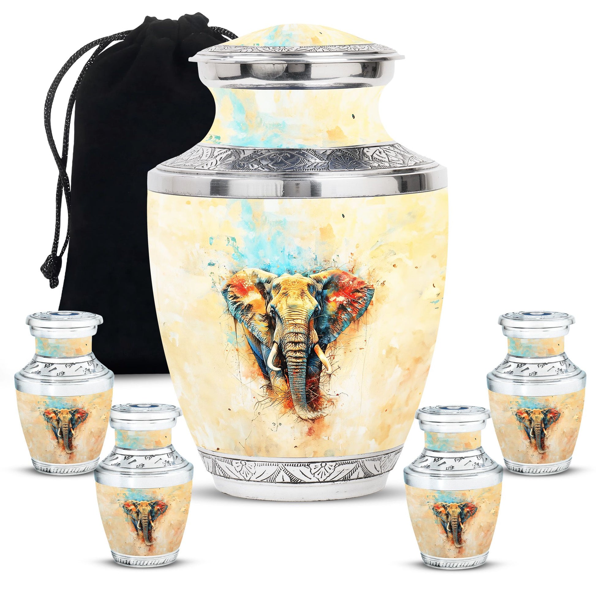 Elephant Theme Large Urn With 4 Keepsake Urn