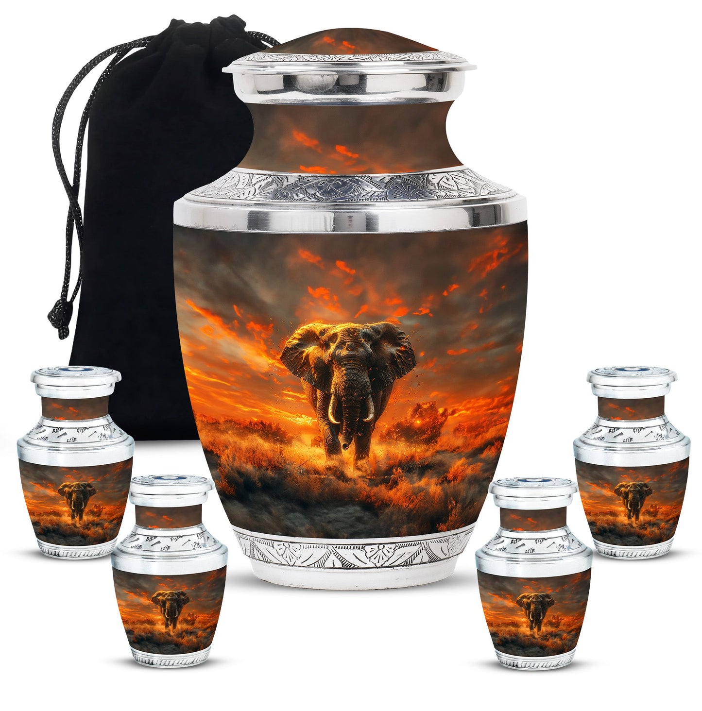 Elephant Theme Large Urn With 4 Keepsake Urn