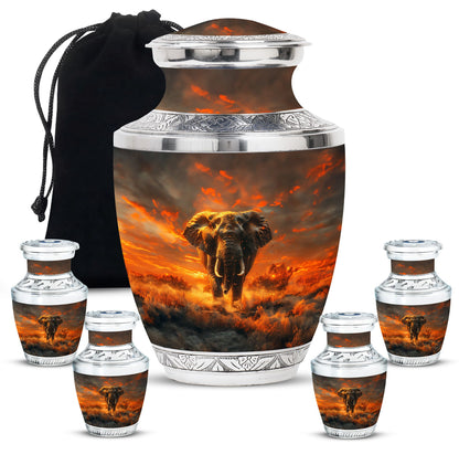 Elephant Theme Large Urn With 4 Keepsake Urn