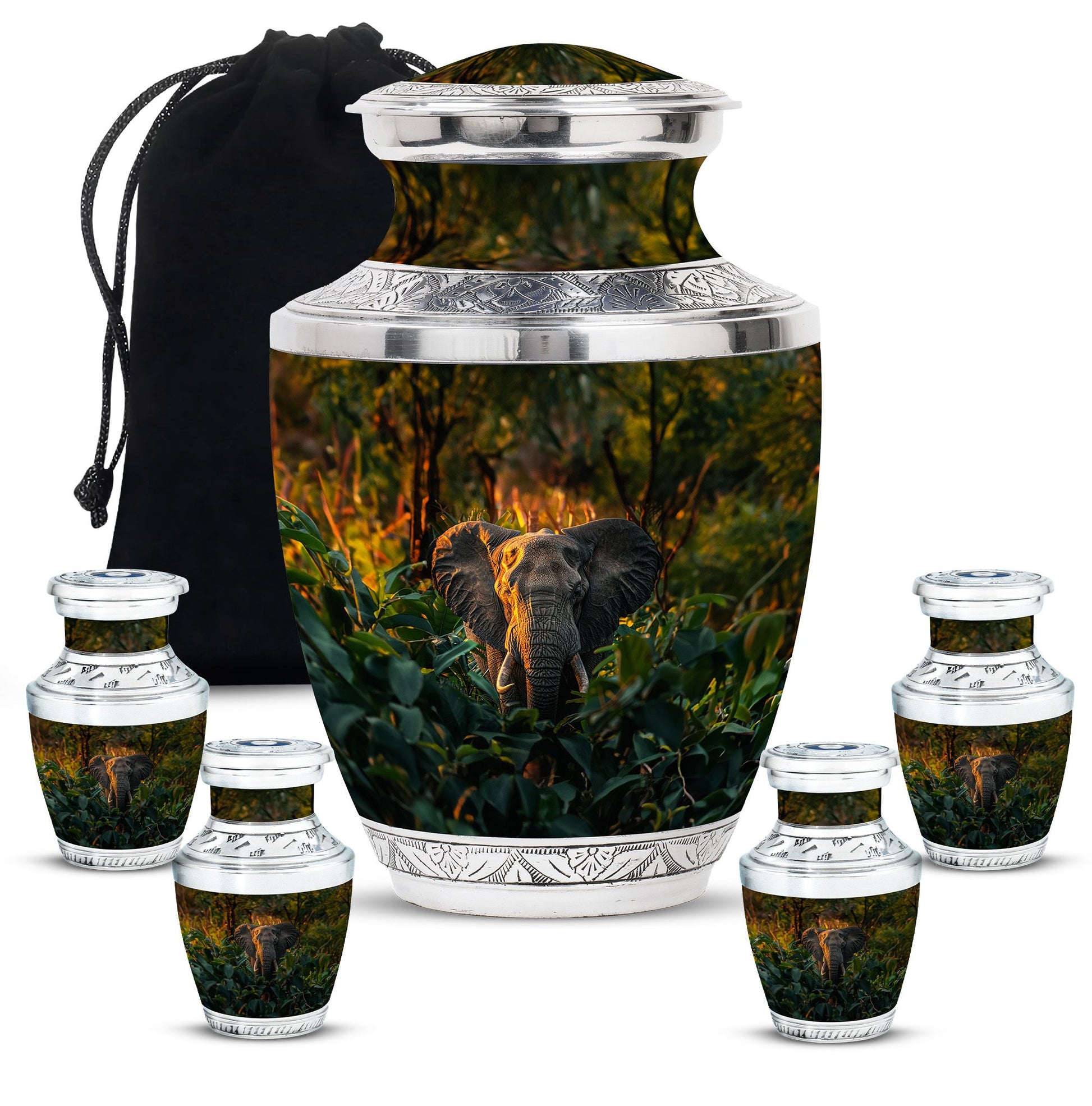 Elephant Theme Large Urn With 4 Keepsake Urn