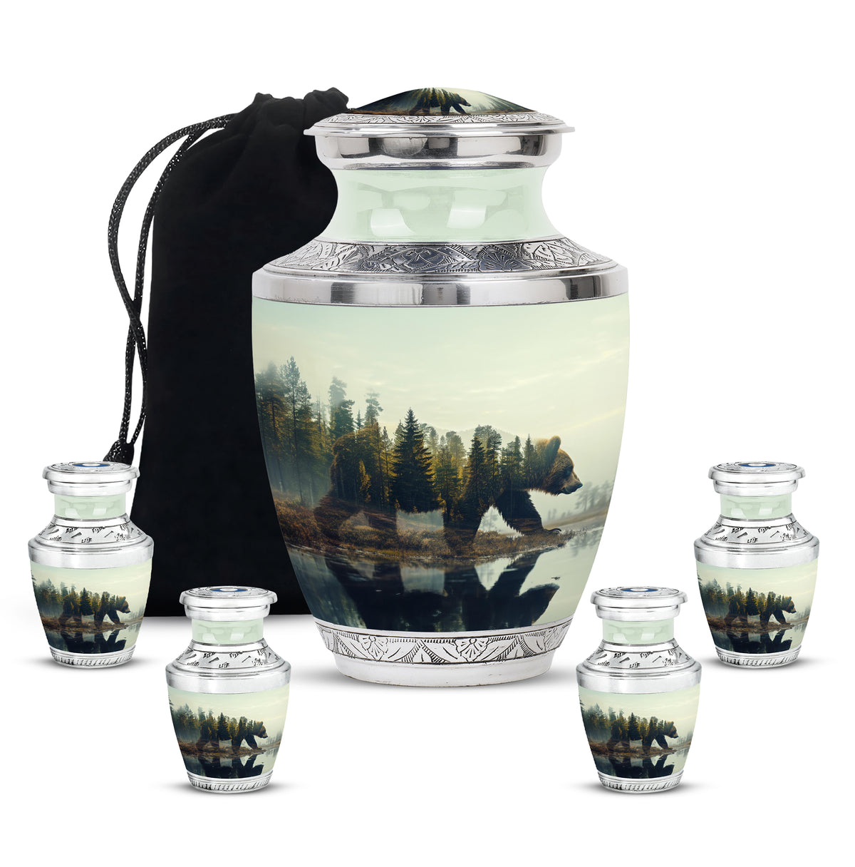 Bear Urn for Human Ashes, Bear Walking Through Forest By Water, Cremation Urn