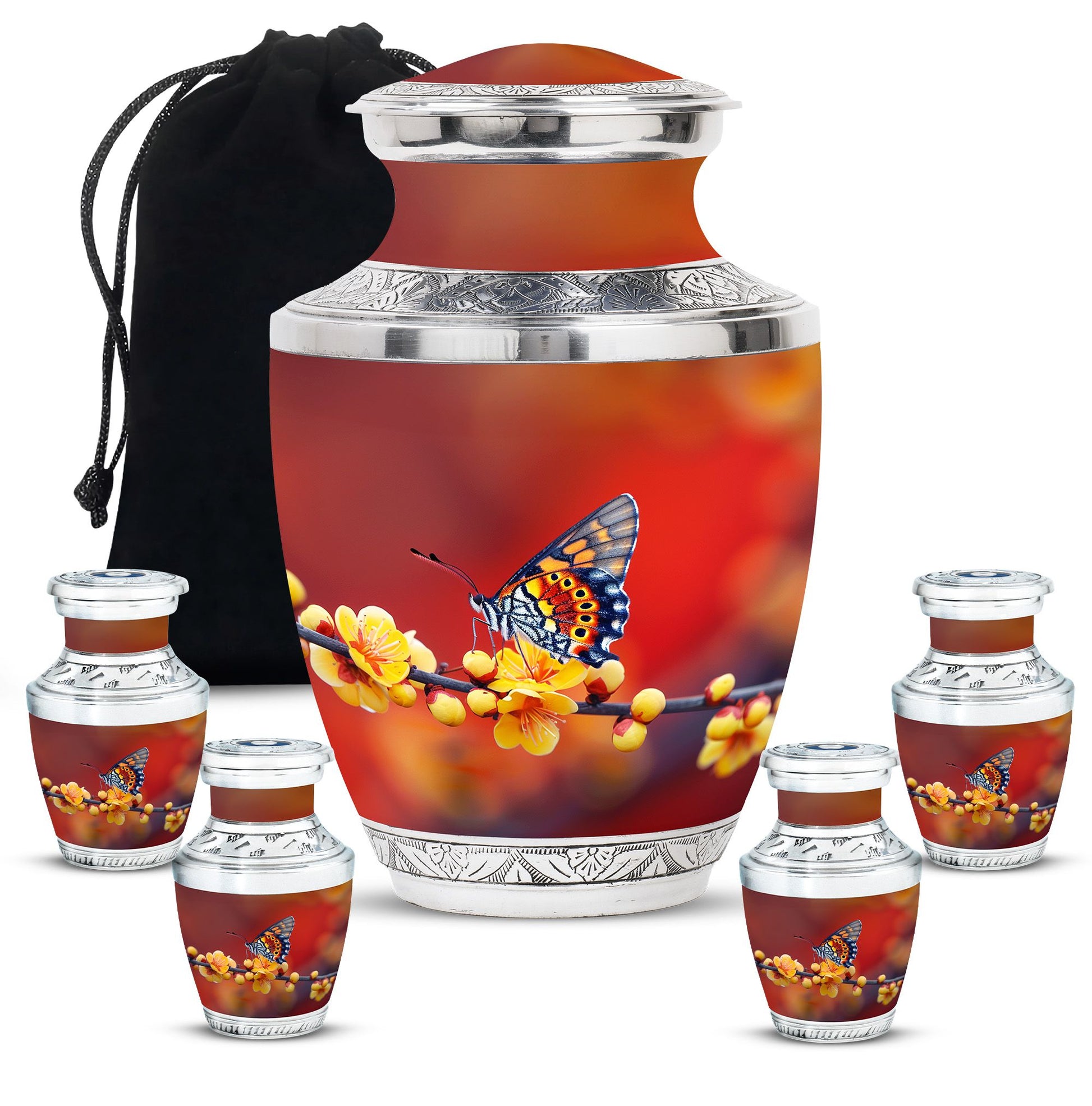 Butterfly Theme Large Urn With 4 Keepsake Urn