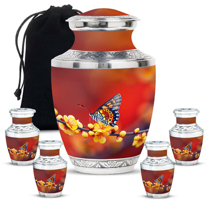 Butterfly Theme Large Urn With 4 Keepsake Urn