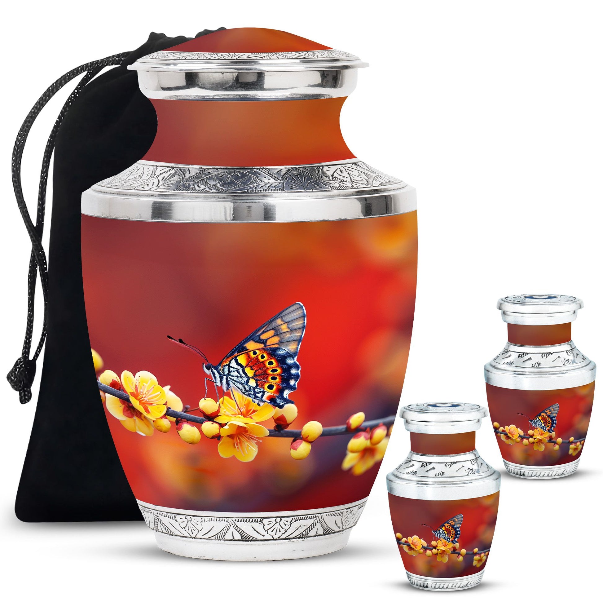 Butterfly Theme Large Urn With 2 Keepsake Urn