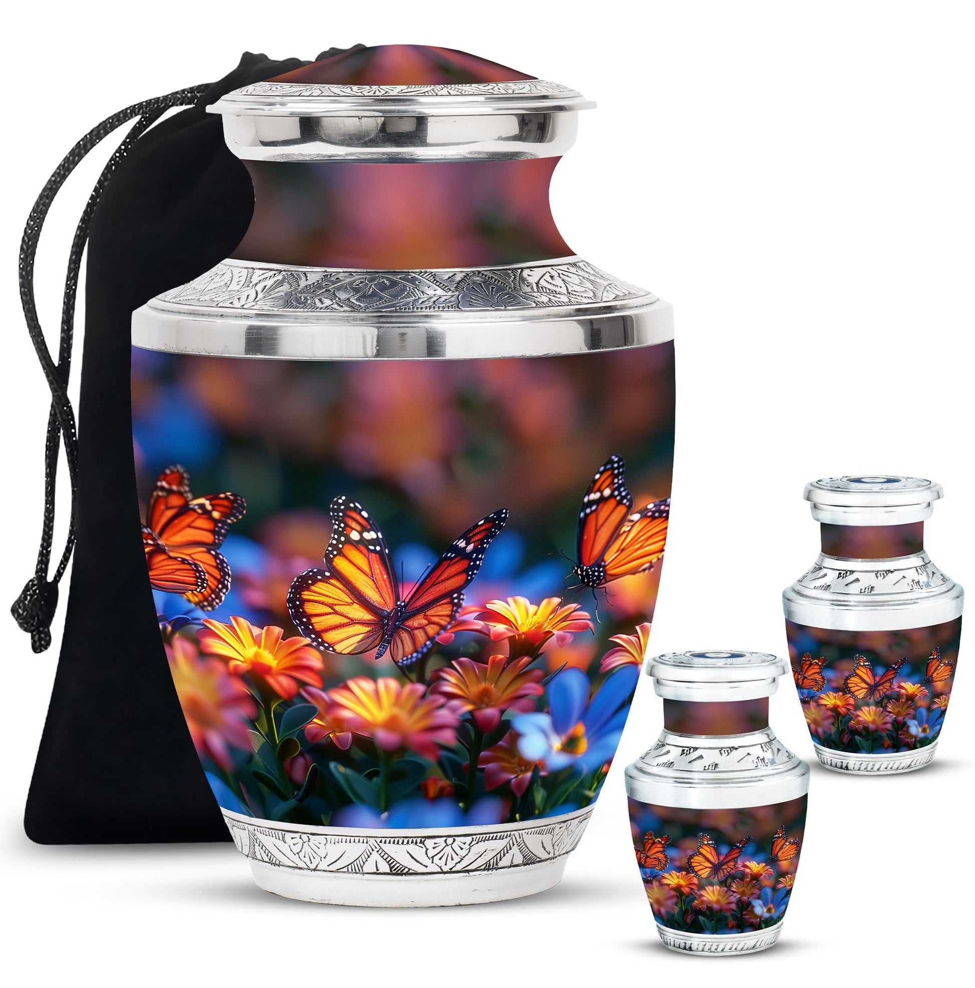 Butterfly Theme Large Urn With 2 Keepsake Urn