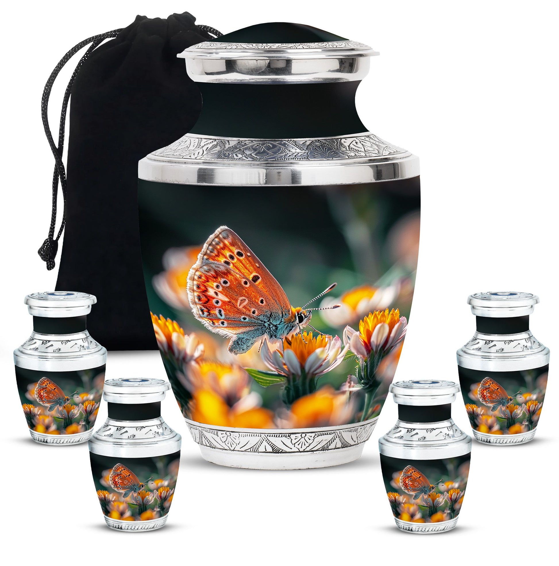 Butterfly Theme Large Urn With 4 Keepsake Urn