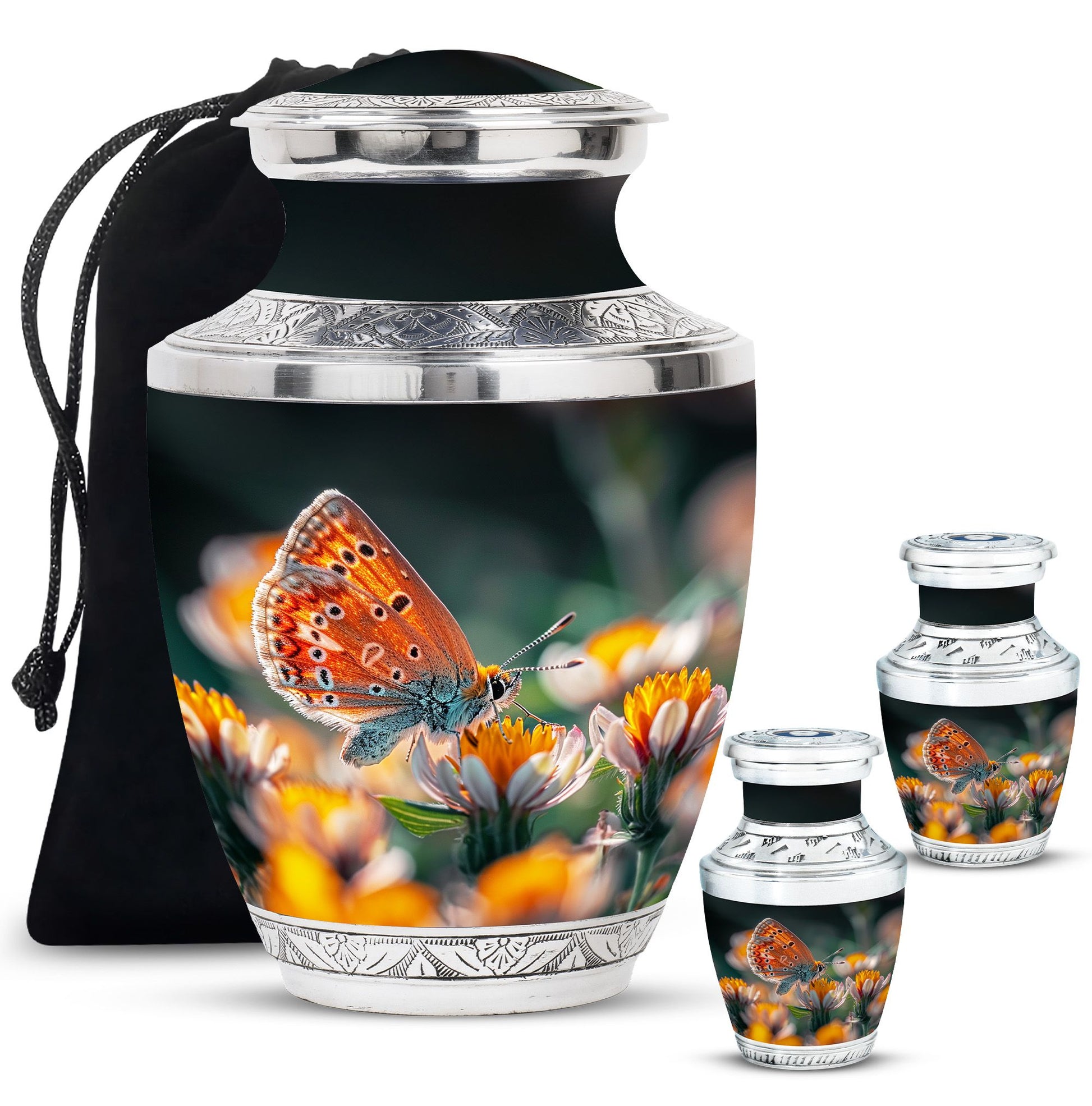 Butterfly Theme Large Urn With 2 Keepsake Urn