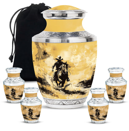 Cowboy Theme Large Urn With 4 Keepsake Urn