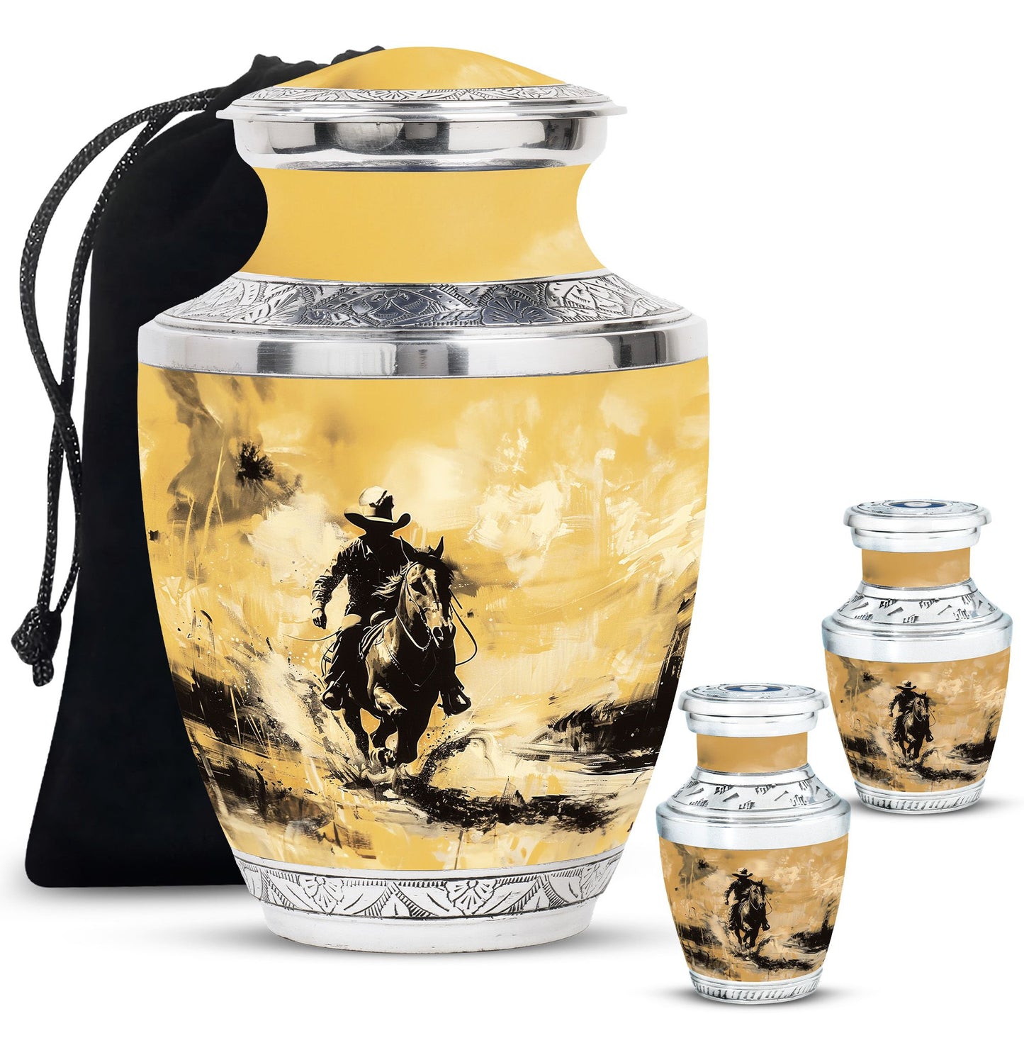 Cowboy Theme Large Urn With 2 Keepsake Urn