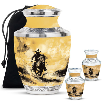Cowboy Theme Large Urn With 2 Keepsake Urn