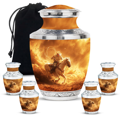 Cowboy Theme Large Urn With 4 Keepsake Urn