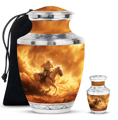 Cowboy Theme Large Urn With 1 Keepsake Urn