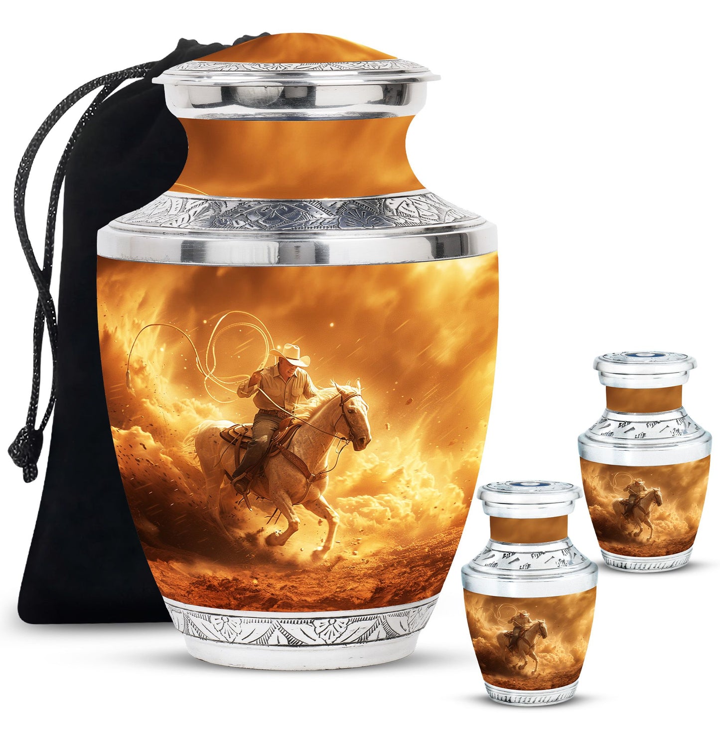 Cowboy Theme Large Urn With 2 Keepsake Urn