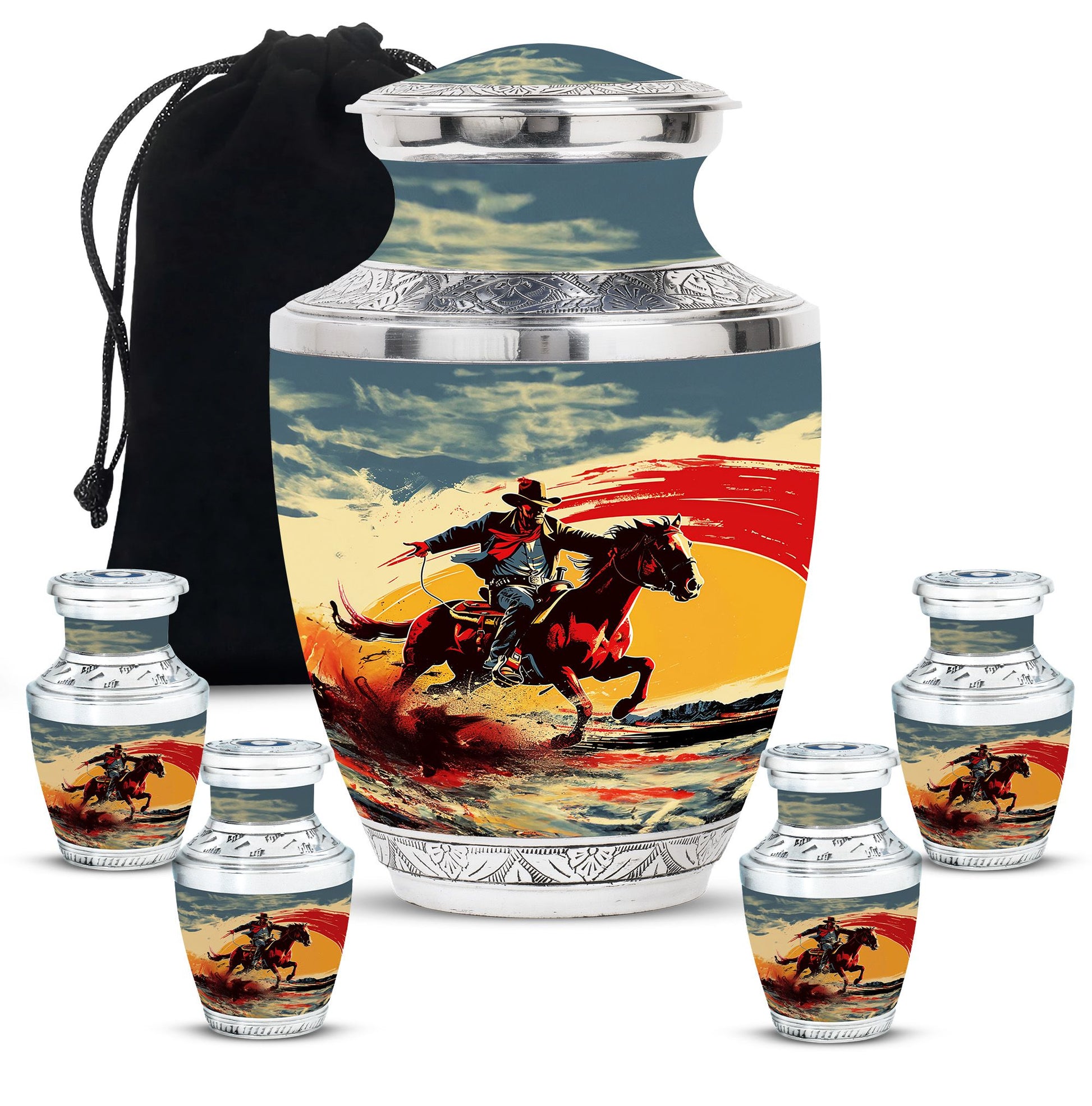 Cowboy Theme Large Urn With 4 Keepsake Urn