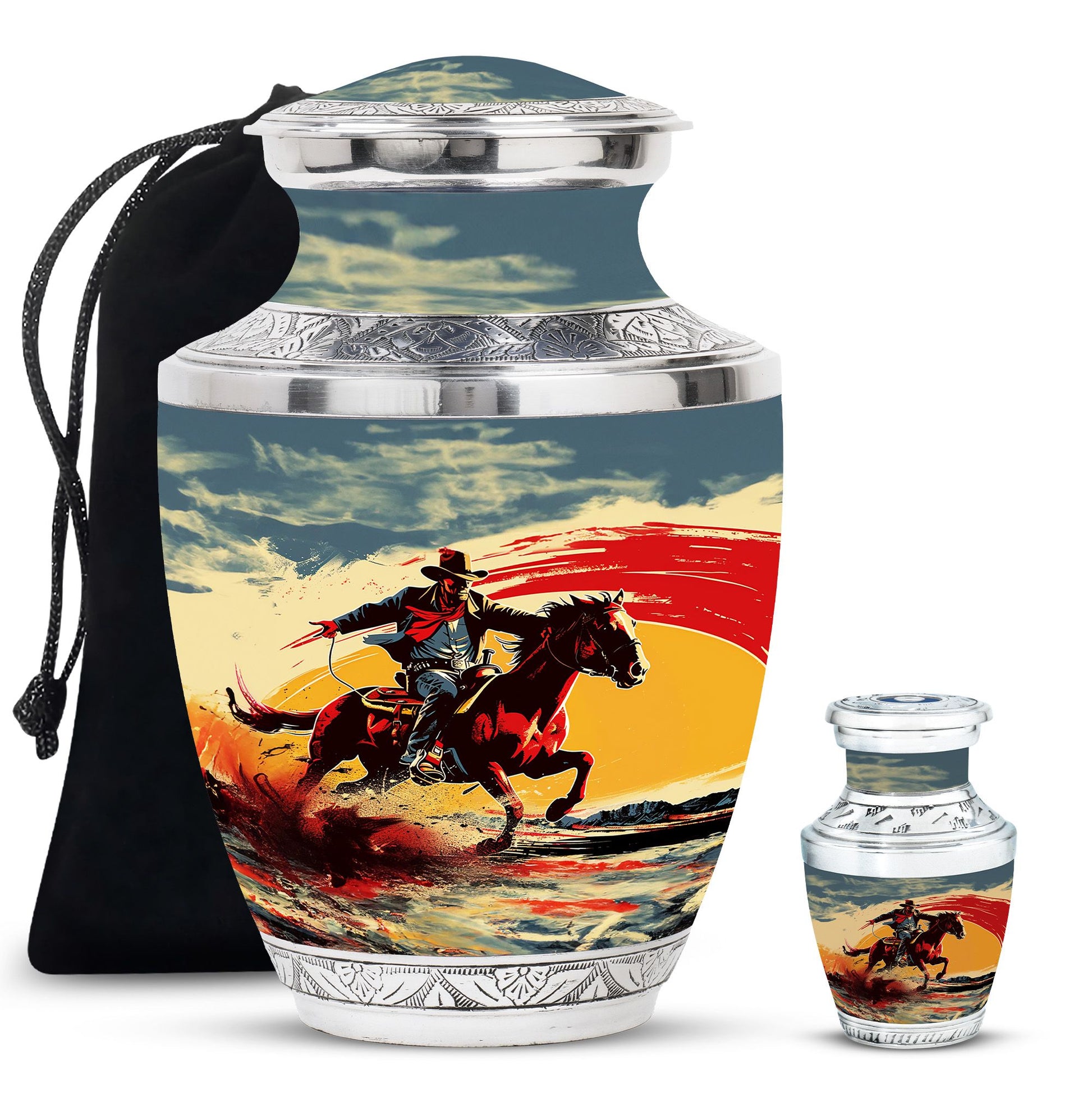 Cowboy Theme Large Urn With 1 Keepsake Urn