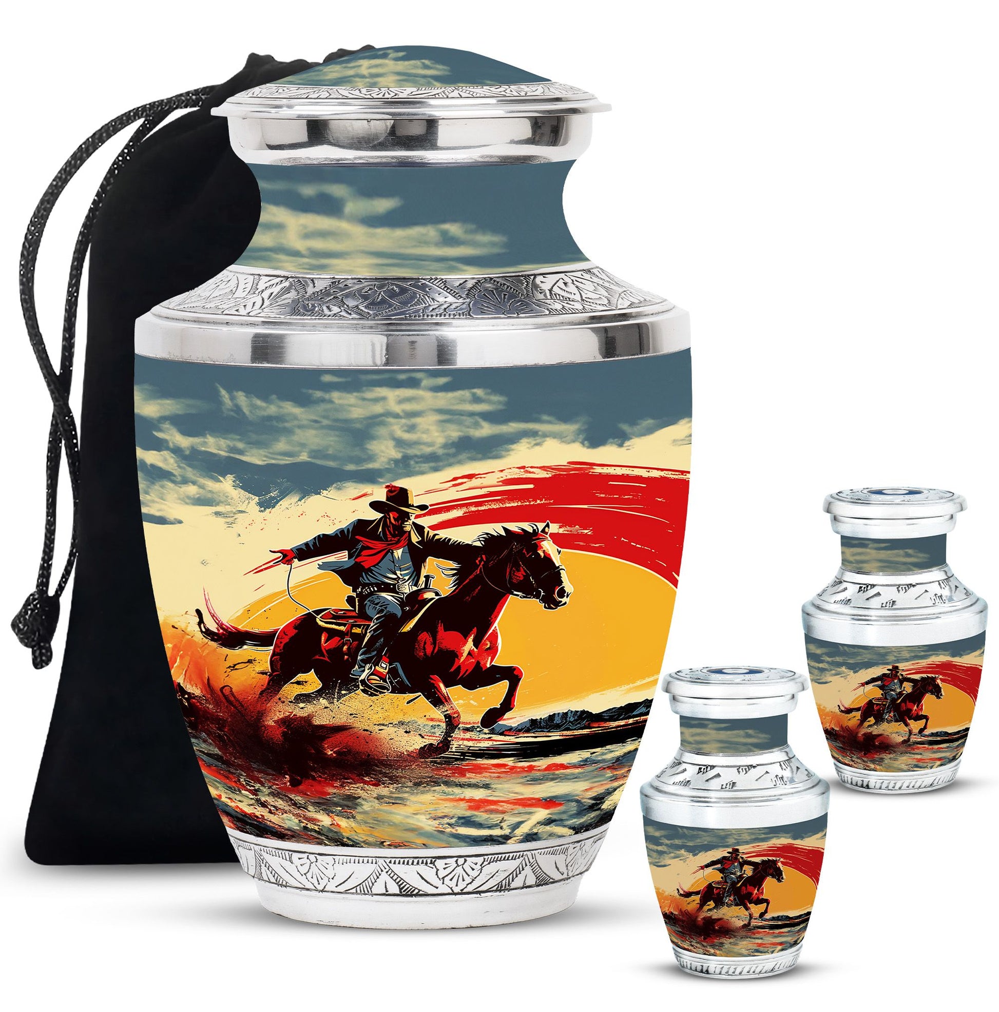 Cowboy Theme Large Urn With 2 Keepsake Urn