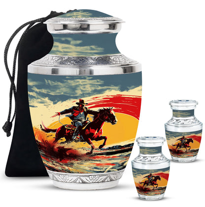 Cowboy Theme Large Urn With 2 Keepsake Urn