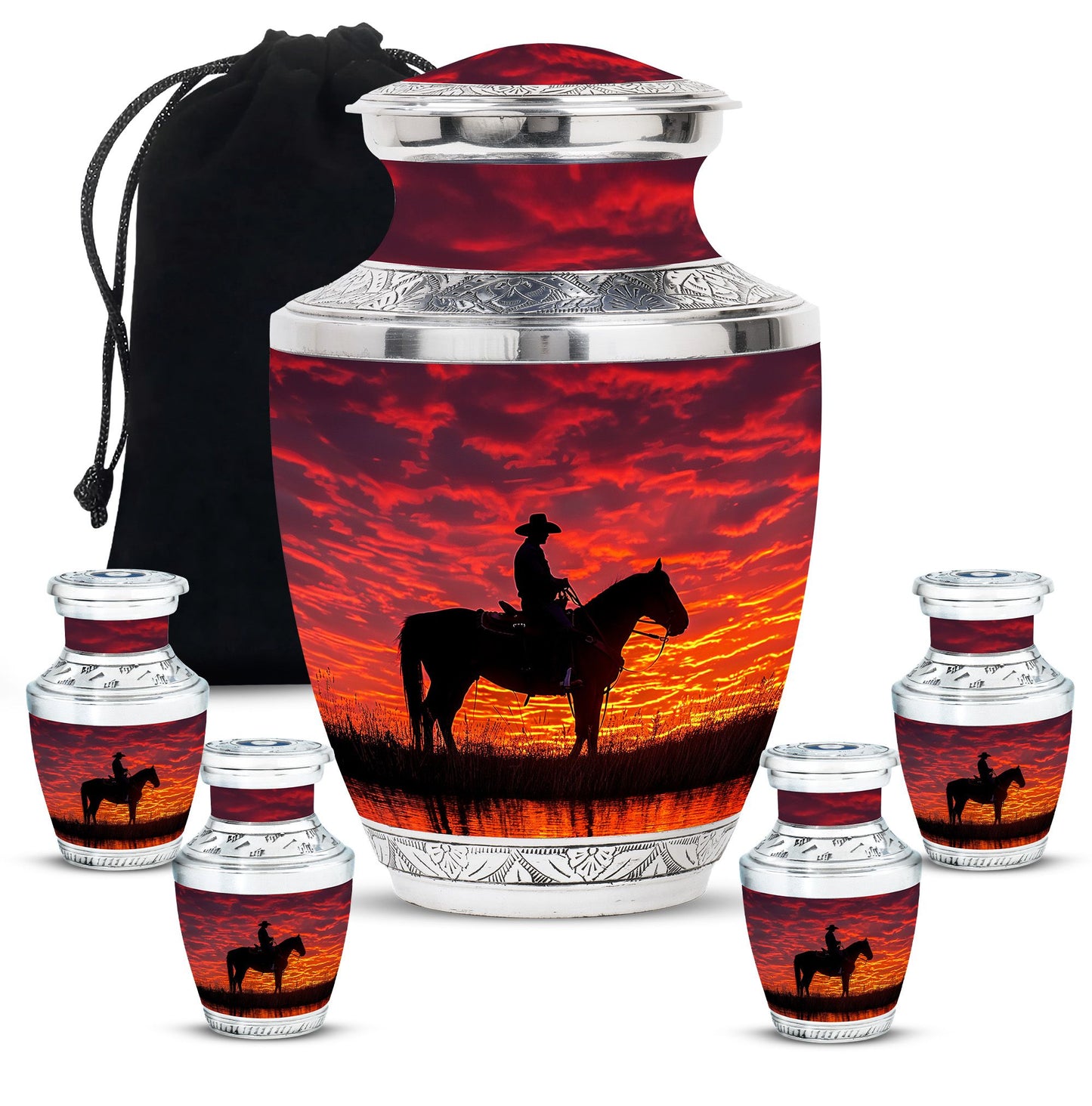 Cowboy Theme Large Urn With 4 Keepsake Urn