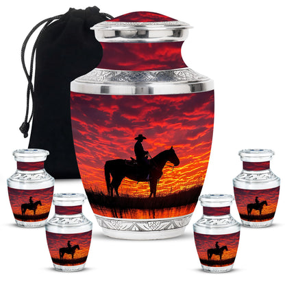 Cowboy Theme Large Urn With 4 Keepsake Urn