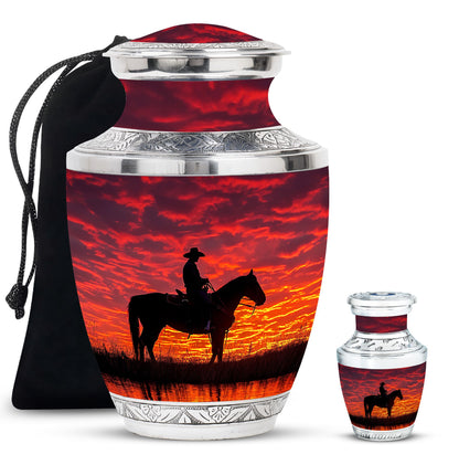 Cowboy Theme Large Urn With 1 Keepsake Urn
