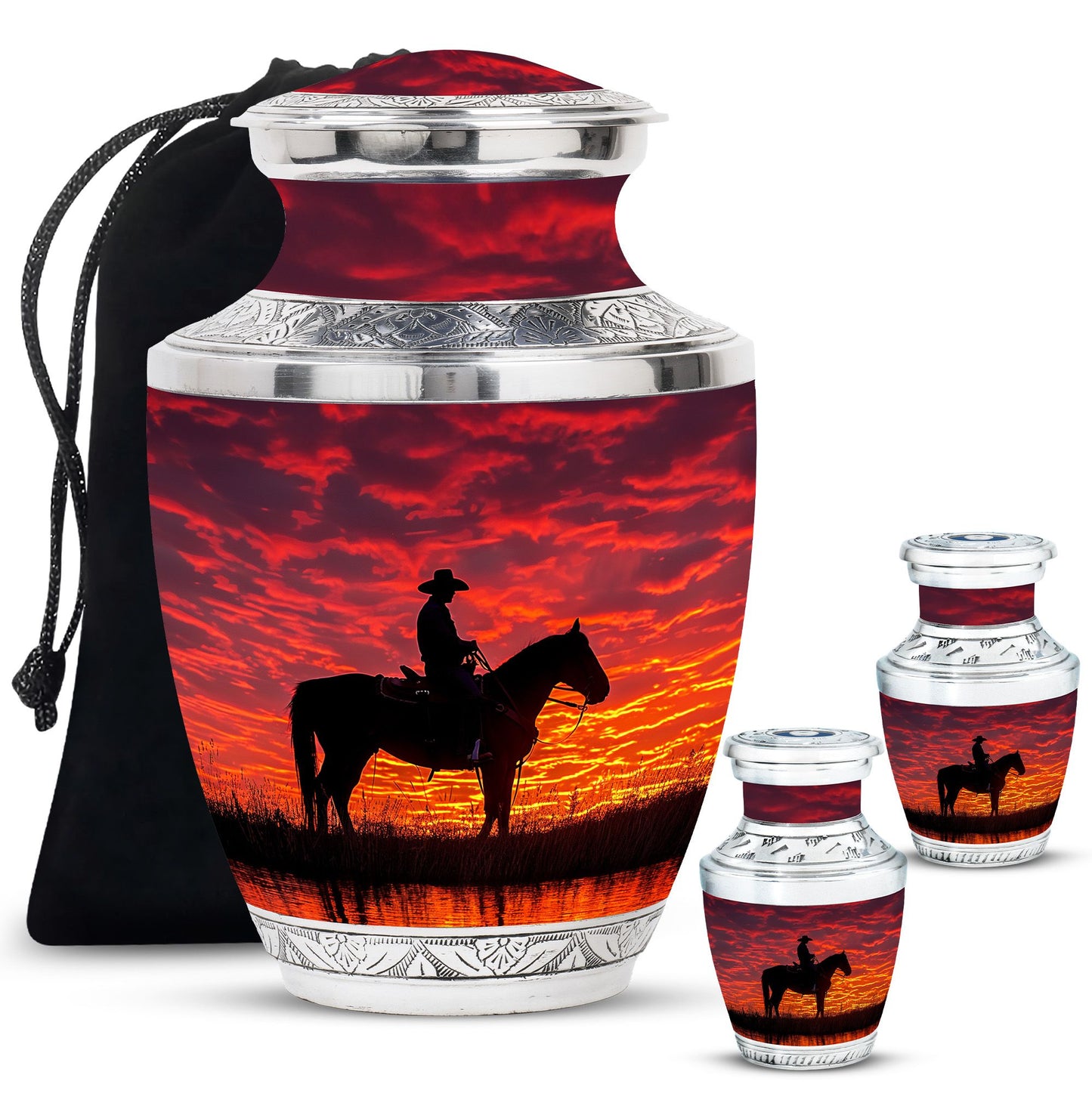 Cowboy Theme Large Urn With 2 Keepsake Urn