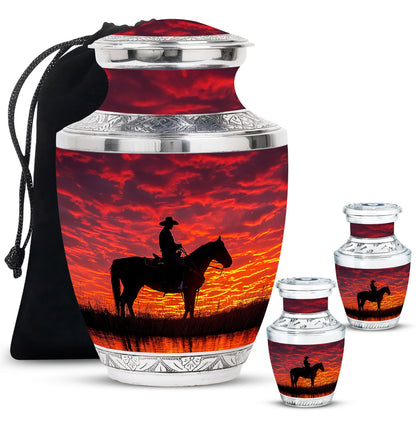 Cowboy Theme Large Urn With 2 Keepsake Urn