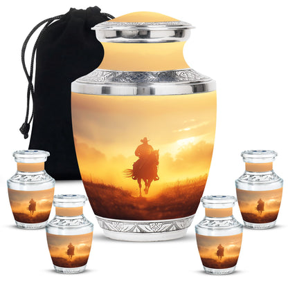Cowboy Theme Large Urn With 4 Keepsake Urn
