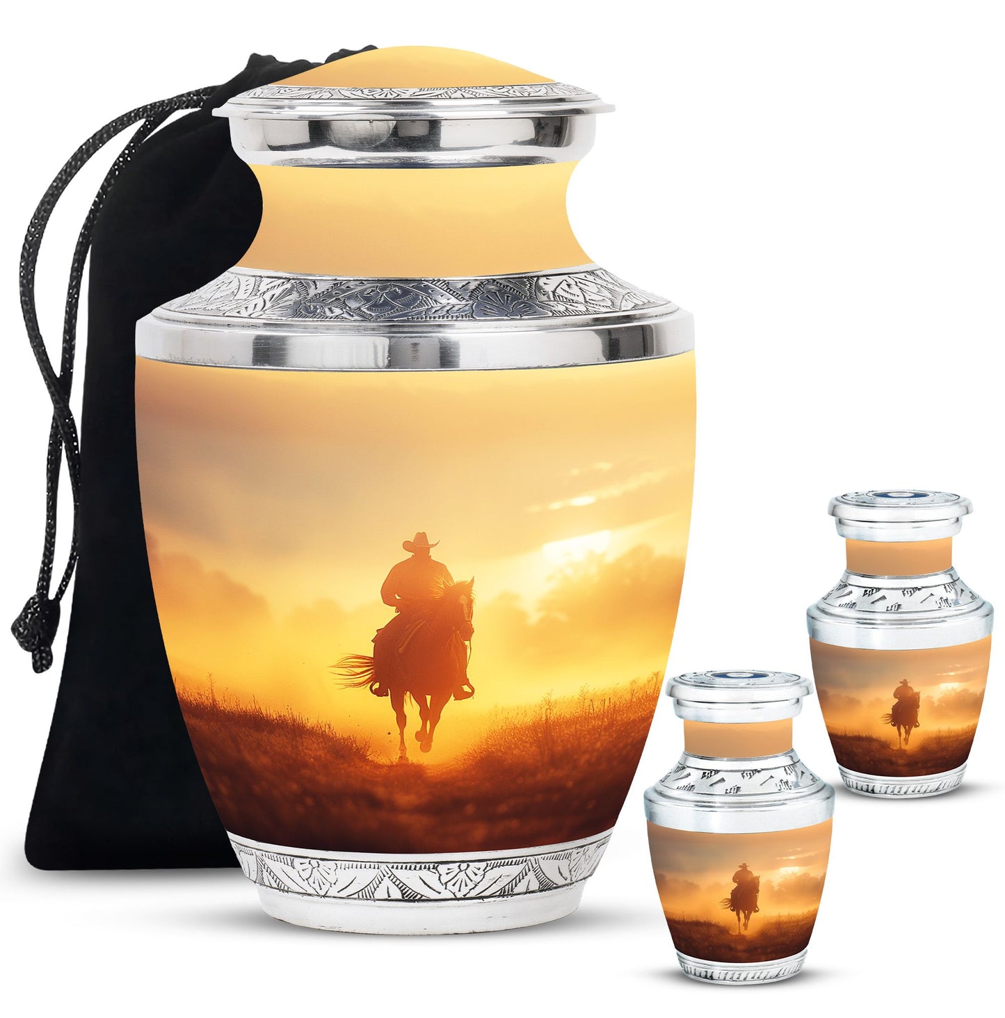 Cowboy Theme Large Urn With 2 Keepsake Urn