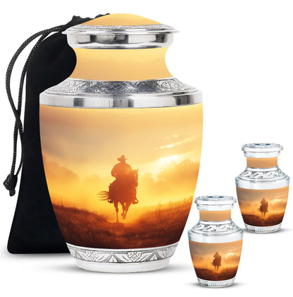 Cowboy Theme Large Urn With 2 Keepsake Urn