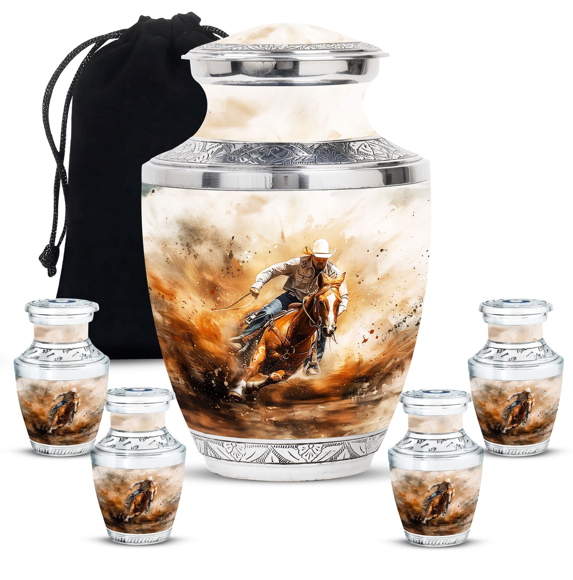 Cowboy Theme Large Urn With 4 Keepsake Urn