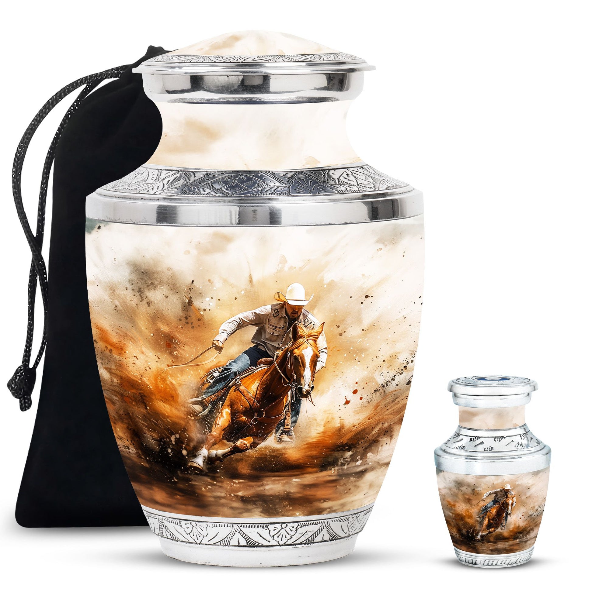 Cowboy Theme Large Urn With 1 Keepsake Urn