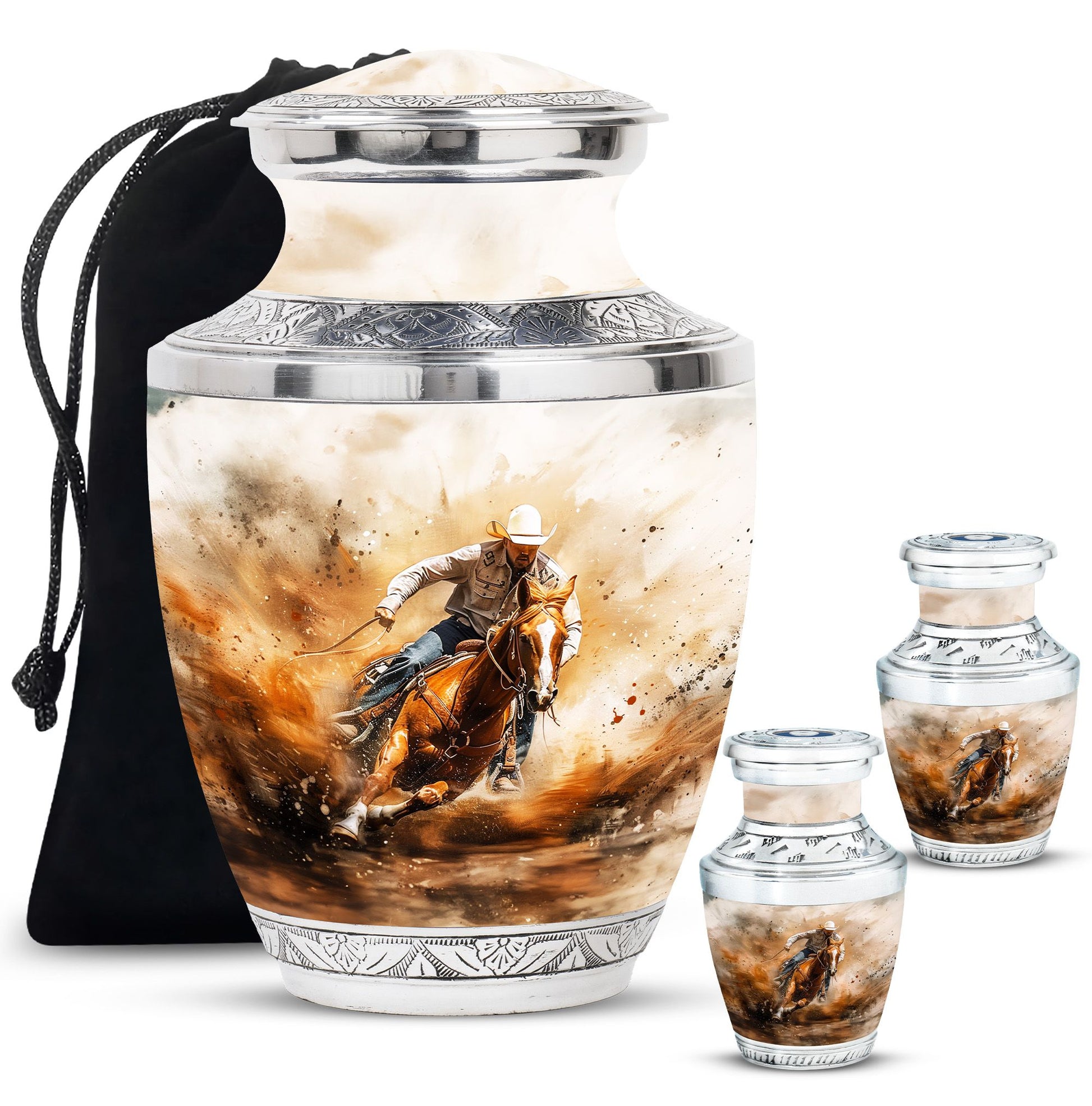 Cowboy Theme Large Urn With 2 Keepsake Urn