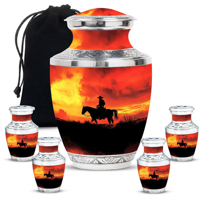 Cowboy Theme Large Urn With 4 Keepsake Urn