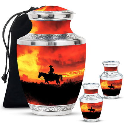 Cowboy Theme Large Urn With 2 Keepsake Urn