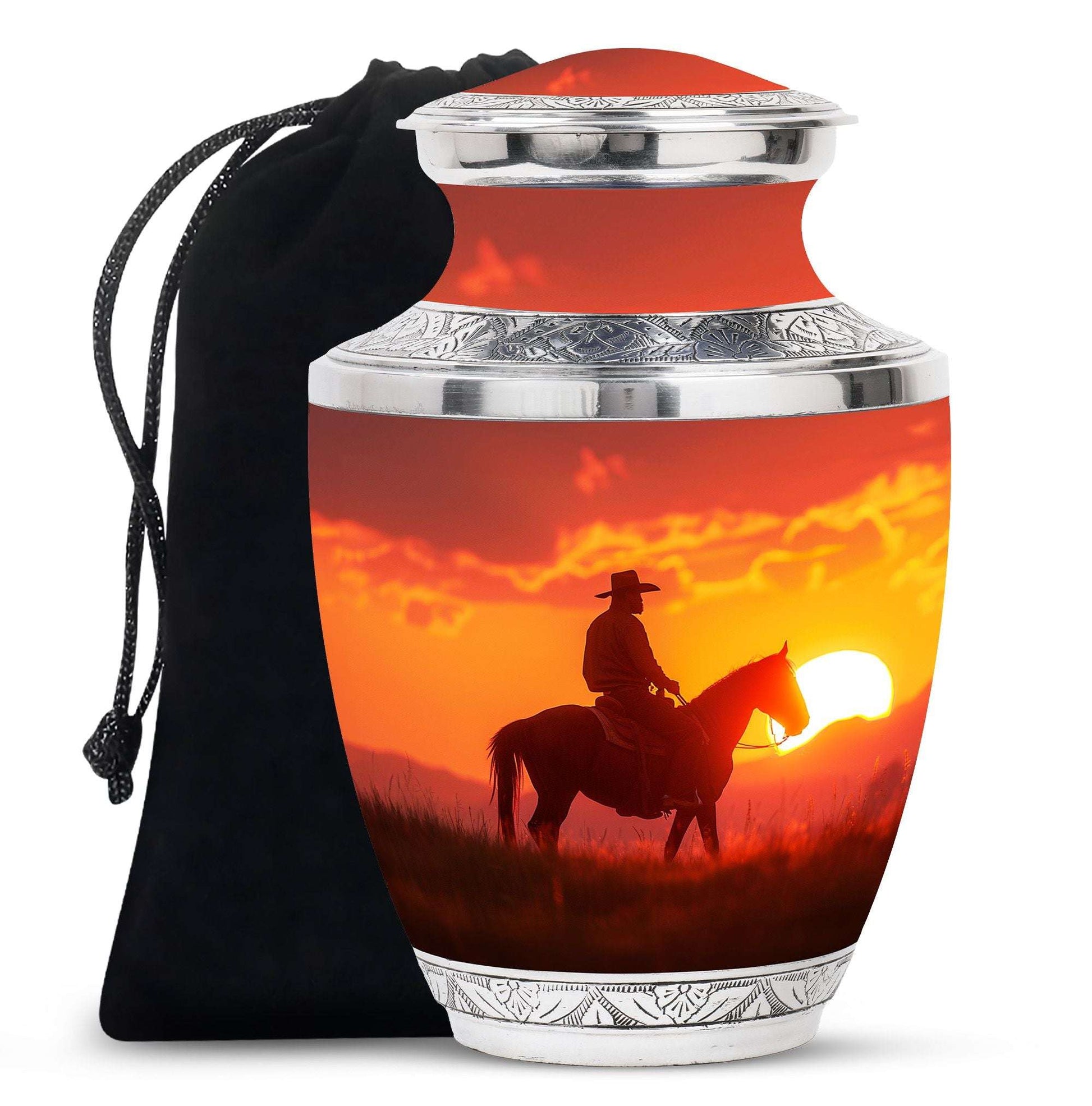 Cowboy Sunset Cremation Urn For Funeral – Western Horseback Memorial Urn