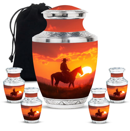 Cowboy Theme Large Urn With 4 Keepsake Urn