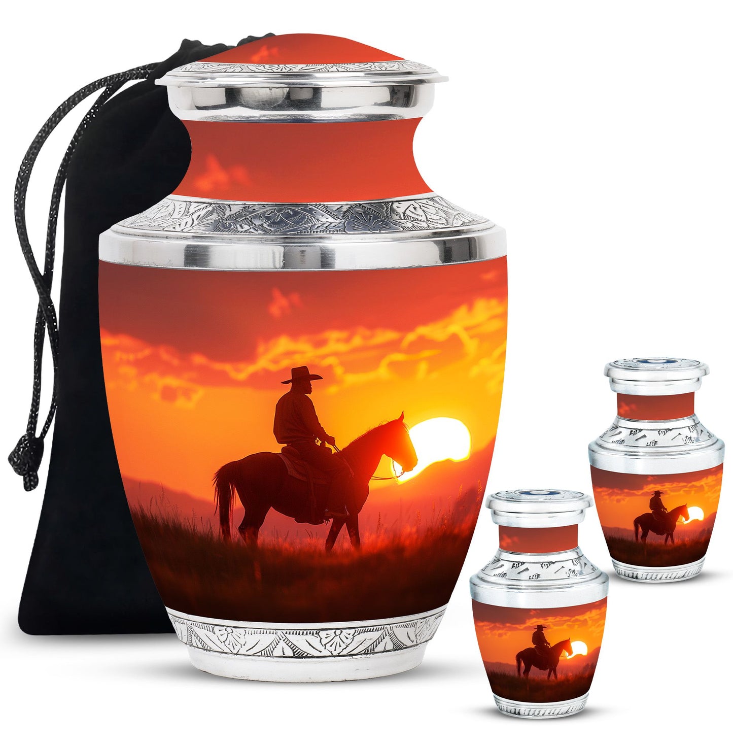 Cowboy Theme Large Urn With 2 Keepsake Urn