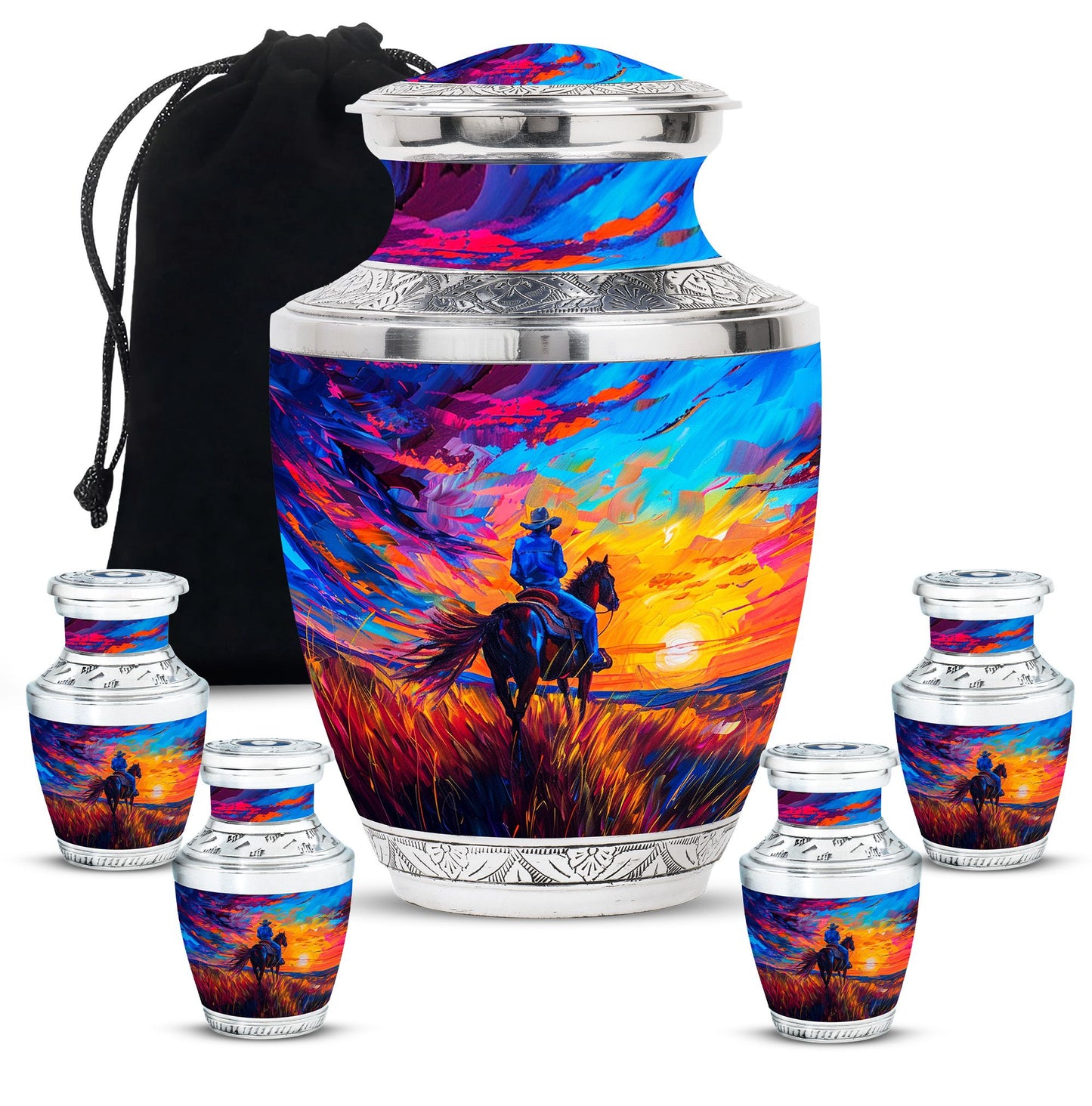 Cowboy Theme Large Urn With 4 Keepsake Urn