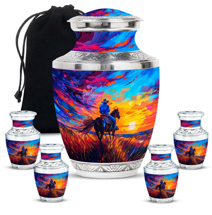Cowboy Theme Large Urn With 4 Keepsake Urn