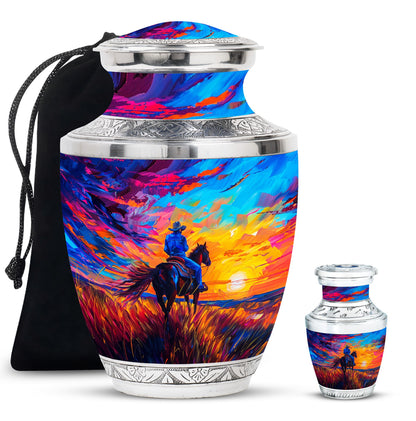 Cowboy Theme Large Urn With 1 Keepsake Urn