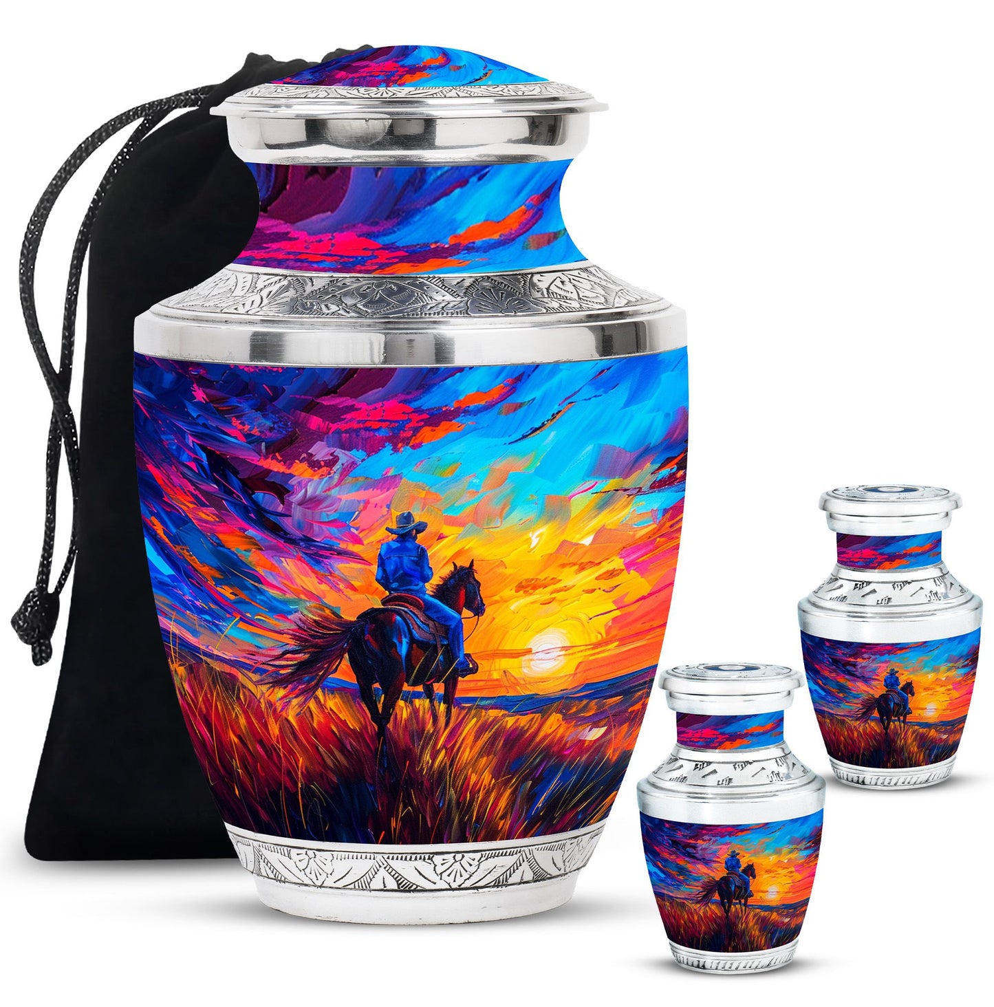 Cowboy Theme Large Urn With 2 Keepsake Urn