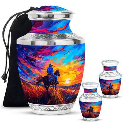 Cowboy Theme Large Urn With 2 Keepsake Urn
